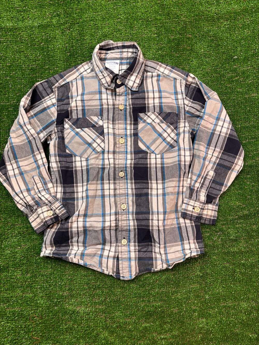 Toughskins Plaid Button Down Shirt Size M 5/6 Blue Beige Long Sleeve